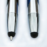A Duo Stylus Pen featuring a sleek silver and blue design, with a ballpoint tip and a stylus tip at each end.