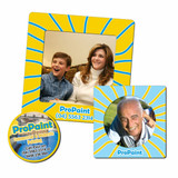 A magnetic photo frame in yellow and blue with a square shape, designed for displaying photos. It features a logo.