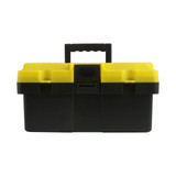 A black tool box with a yellow lid and handle, featuring compartments on the top. It has a locking mechanism.