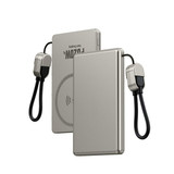 A metallic grey 5000mAh aluminum power bank with a connector and wireless charging feature. It has a logo on it.