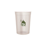 A translucent plastic stadium cup in clear, featuring a graphic design and a logo.