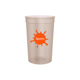A translucent plastic stadium cup in beige with a logo featuring an orange splash and the word "Sports."