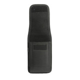 A black phone pouch with a belt clip, featuring a textured surface and a separate pocket.