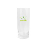A clear beer glass with a simple logo featuring green leaves and text.