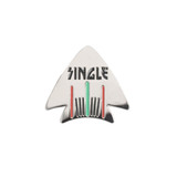 A custom soft enamel golf ball marker in an arrow shape, featuring red, green, and black details. It has a logo.