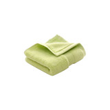 A folded embroidered cotton hand towel in a soft lime green shade, featuring a textured finish and a logo.
