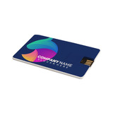 A credit card-sized Type-C flash drive featuring a multicoloured design and a logo on a dark background.