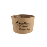 A brown paper cup sleeve with a ribbed texture and printed text, featuring a branding logo.