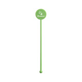 A green cocktail drink stirrer with a circular top and a ball-shaped end, featuring a logo.