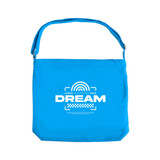 A blue canvas tote bag with a long strap and a logo featured on the front.