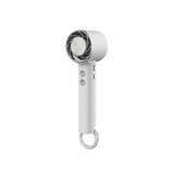 A personal cooling fan in white, featuring a circular head and buttons on the side, with a loop for easy carrying.