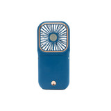 A blue folding neck fan with a phone stand and a central fan blade design, featuring a logo on the front.