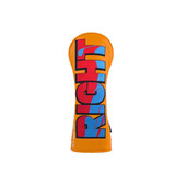 A custom golf head cover in vibrant orange with bold blue and red lettering. Features a logo on the side.