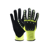 Heavy duty safety work gloves with a reinforced thumb web, in black and high-visibility yellow, featuring gripping pads.