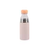 A drink bottle in light pink with a stainless steel interior and an orange cap, featuring a logo.