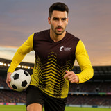 A unisex long-sleeve shirt with a yellow and black design, featuring a logo and a micro mesh fabric.