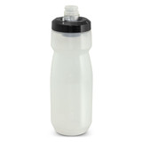 A drink bottle with a translucent white body and black lid, featuring a sports spout and a logo.