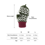 Fingerless gloves with flip cover featuring a green, white, and maroon jacquard pattern. Includes size and measurement details.