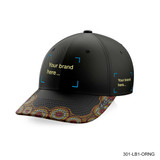 A black five-panel cap featuring a patterned brim and a logo area for branding.