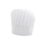 A white disposable non-woven chef hat with pleated design, measuring 23cm in height. Features a logo.