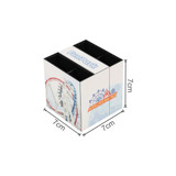 A three-panel foldable pen holder in white and black with a logo, featuring compartments for pens.