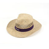 A straw cowboy hat in a natural colour with a purple band and a logo.