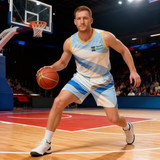 A male athlete in a blue and white sublimated sleeveless sport jersey dribbles a basketball on a court.