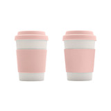 A drink bottle featuring a white bamboo fibre body with a pink silicone lid and matching grip. It has a logo.