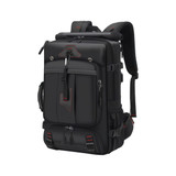 A black convertible backpack duffel bag with red accents, featuring multiple pockets and adjustable straps.