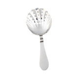 A stainless steel bar strainer with a scalloped design and a long handle, featuring holes for drainage.
