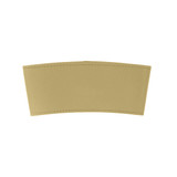 A tan leather cup sleeve with a curved design, featuring stitching details and a logo.