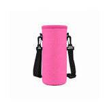 A drink bottle carrier in bright pink, featuring adjustable black straps and a logo. Ideal for leisure and outdoor activities.