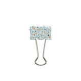 A binder clip with a light blue patterned design and metallic silver arms, featuring abstract shapes in various colours.