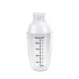 A drink bottle with a clear plastic design, a filter top, and measurement markings in black.