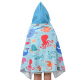 A light blue hooded towel featuring colourful underwater sea creatures and playful text. It has an attached hood.