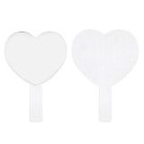 A heart-shaped handheld mirror with a transparent handle, featuring a smooth, reflective surface.