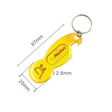A drink bottle opener keyring in a bright yellow colour, featuring a logo and measuring 67mm in length.
