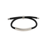 A metal woven bracelet featuring a sleek silver bar and a black woven band, finished with metallic ends.