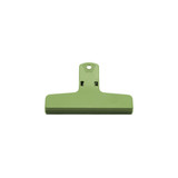 A green plastic magnetic clip with a flat base and a hanging hole at the top. It features a logo on the surface.
