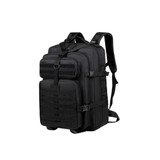A black tactical backpack featuring multiple compartments, straps, and a logo.