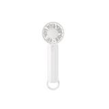 A white portable handheld fan with a circular head and a loop for attaching to bags or belts.
