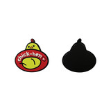 A PVC fridge magnet featuring a cartoon chicken design in yellow and red with a black back.