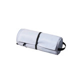 A rolled, grey multifunctional toiletry travel bag with black straps for easy carrying. Contains a branding logo.