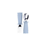 A blue silicone kids cutlery set featuring a fork and spoon with bear-shaped handles, each with a stainless steel utensil.