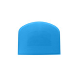 A blue flexible bowl scraper with a textured surface and rounded shape. It features a logo.