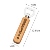 A wooden bottle opener with a silver metal opener, featuring a logo and measuring 13.5 cm in length.