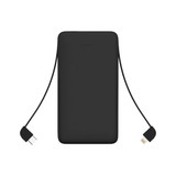 A black 10000mAh slim power bank with an attached charging cable. Features a minimal design and a logo.