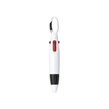 A white and black pen with a red button and a carabiner clip, featuring a logo.