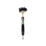 A black pen with a smiling character head and colourful tie, featuring a fuzzy black hairstyle.