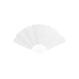 A set of transparent plastic hand fans arranged in a fanned-out position, featuring a white colour scheme.